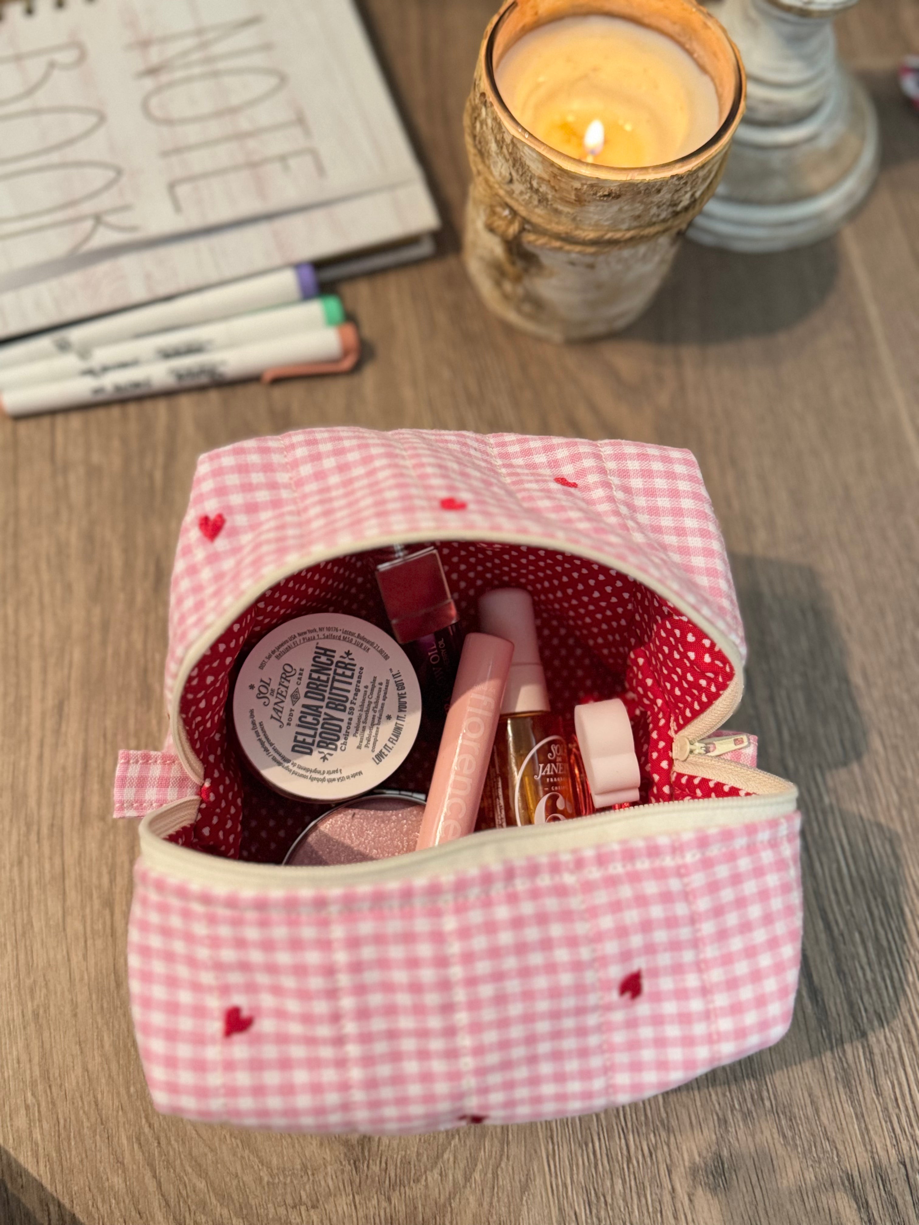 Gingham Heart Valentine Makeup Bag