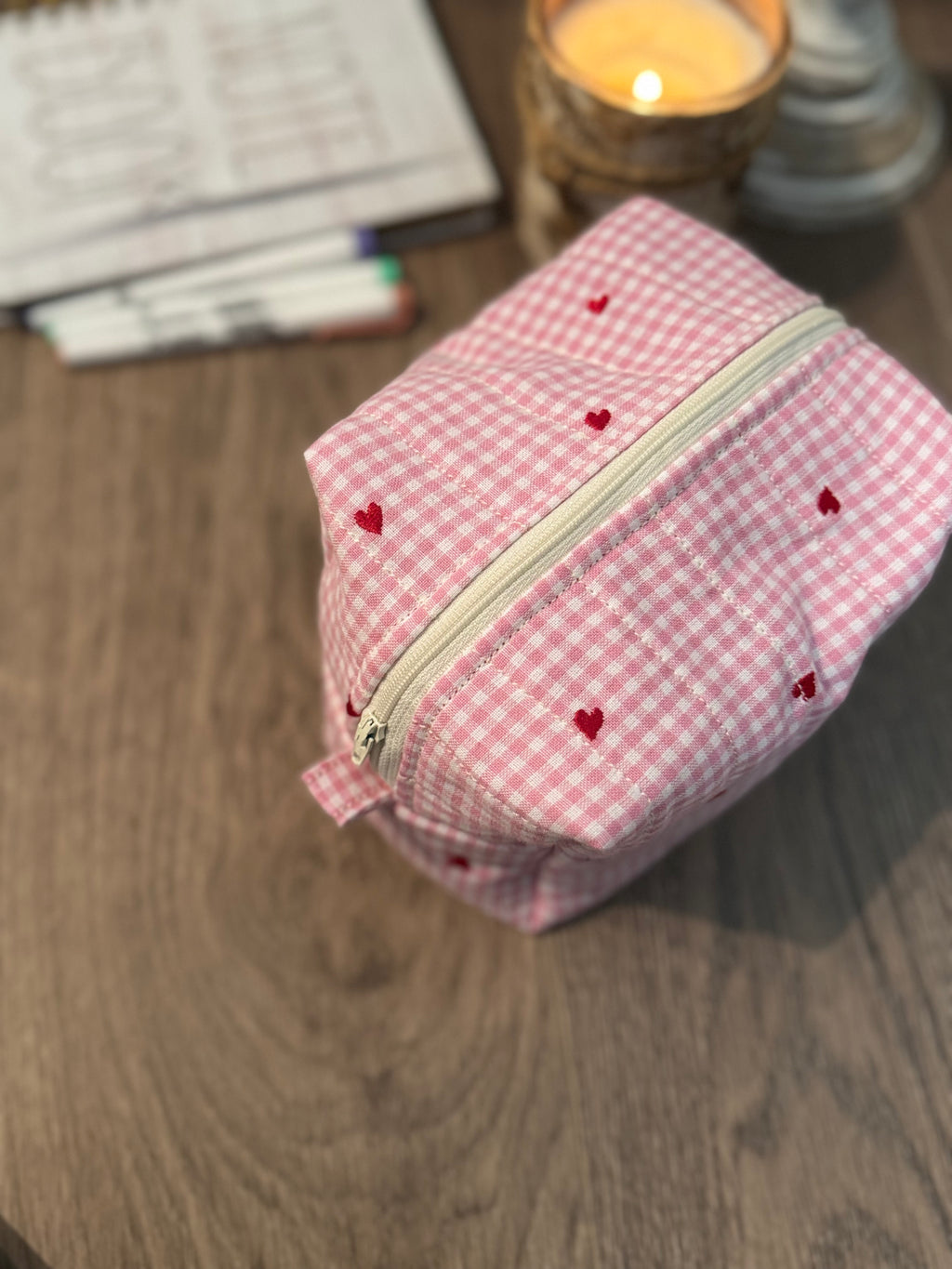 Gingham Heart Valentine Makeup Bag