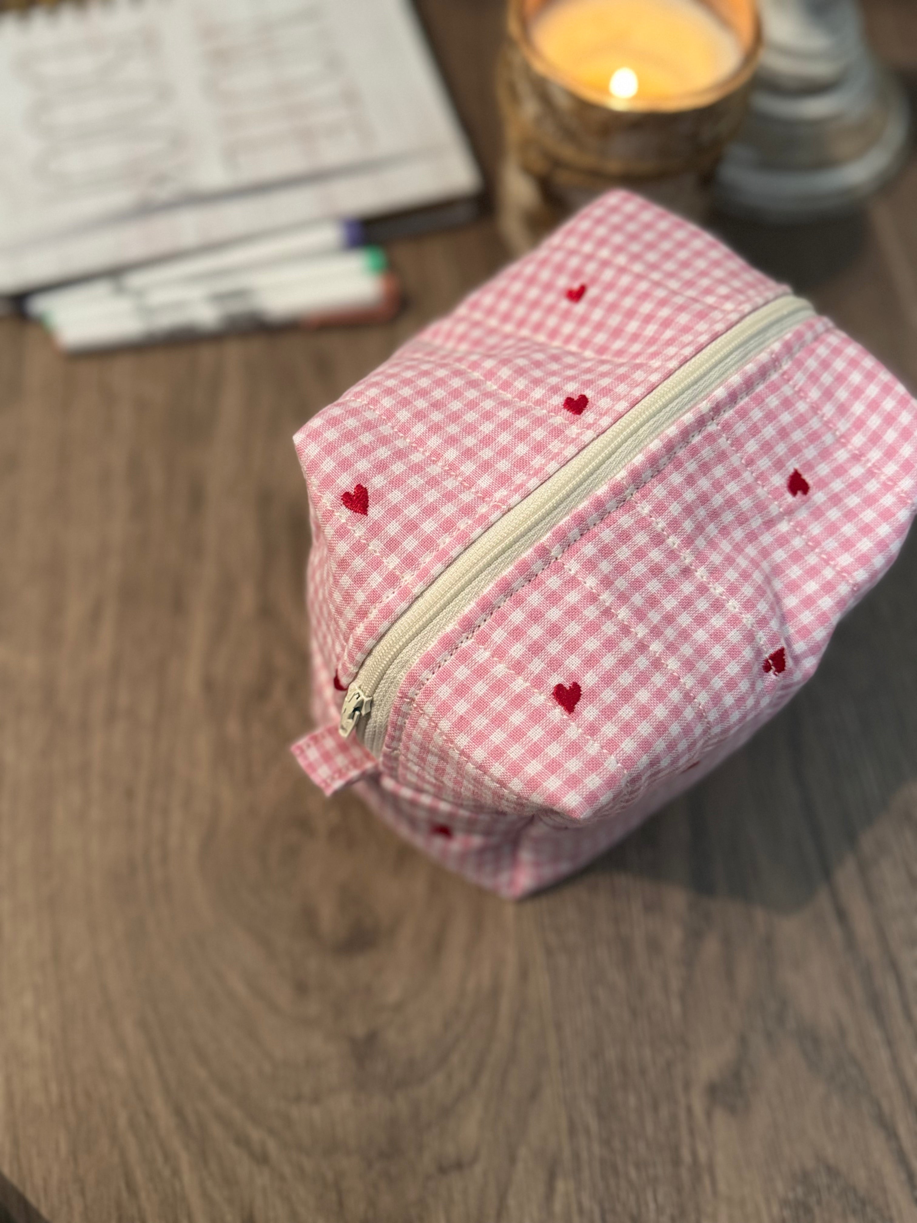 Gingham Heart Valentine Makeup Bag